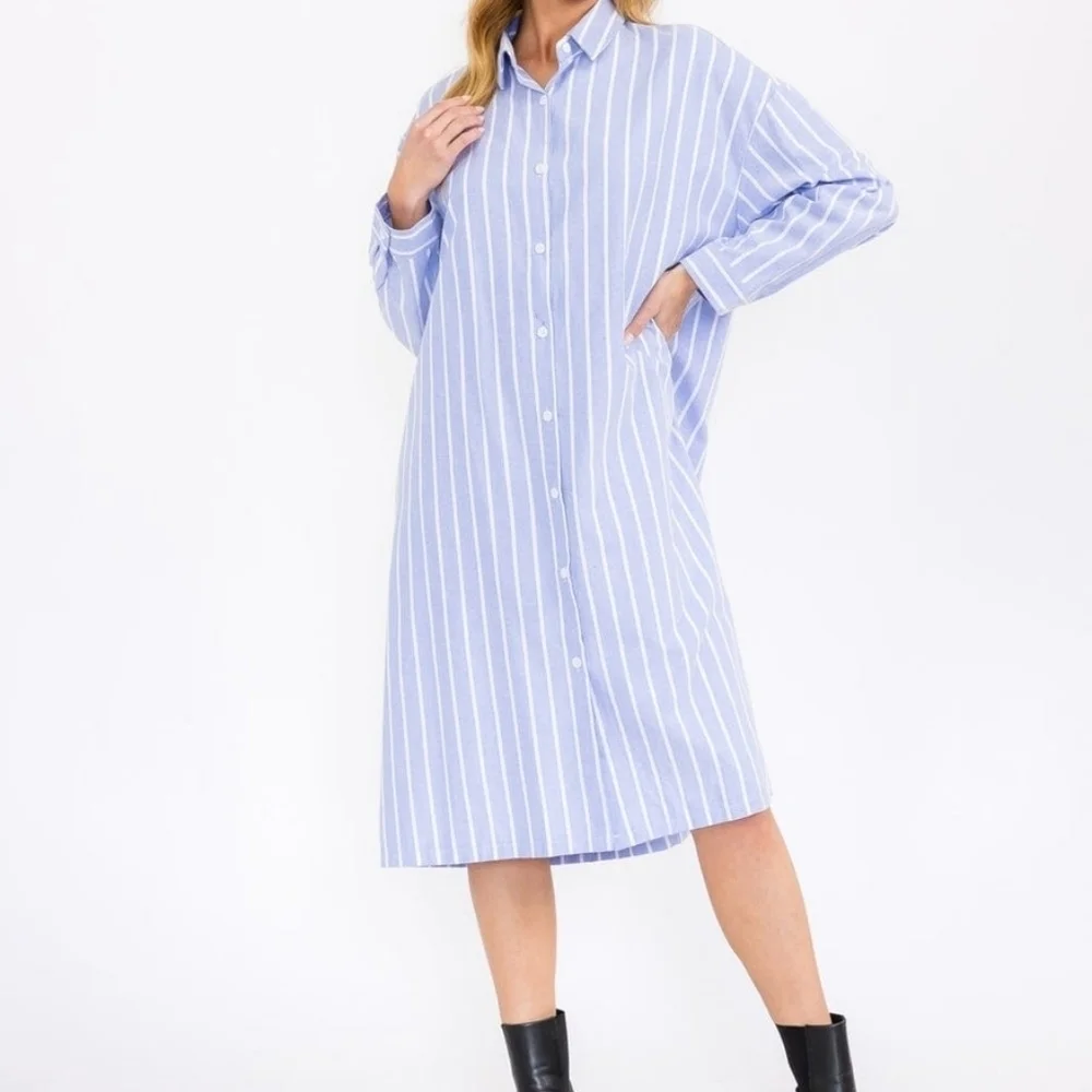 Million‎ Colors Blue Striped Midi Shirt Dress Long Sleeve Linen Cotton